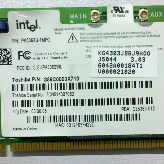 PLACA WIRELESS Toshiba G86C0000X710 Intel PA3362U-1MPC PLACA WIRELESS Toshiba G86C0000X710 Intel PA3362U-1MPC