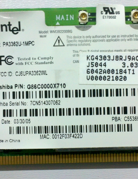 PLACA WIRELESS Toshiba G86C0000X710 Intel PA3362U-1MPC PLACA WIRELESS Toshiba G86C0000X710 Intel PA3362U-1MPC